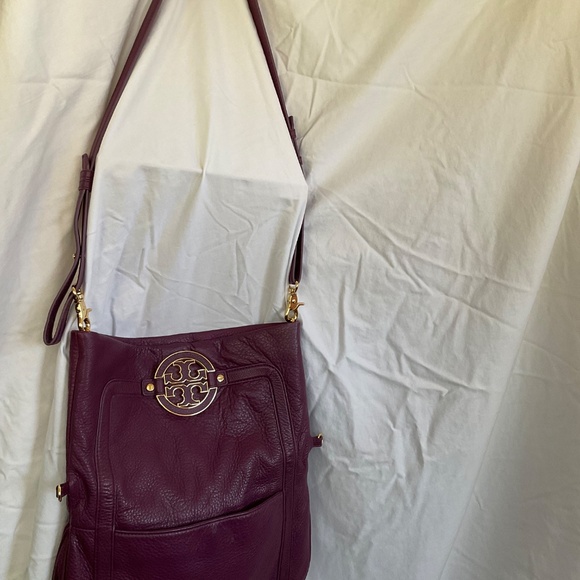 Tory Burch Amanda Foldover Crossbody Purse Pebbled Tumbled Purple Leather - Picture 3 of 7